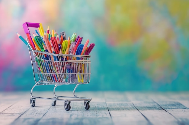 Shopping cart with colorful school stationeryback to school background