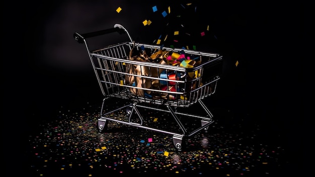 A shopping cart with confetti on it and a small basket full of candy.