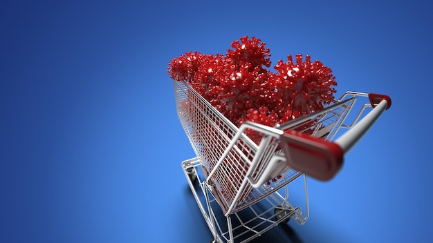 Shopping cart with corona virus covid 2019. 3d render illustration. High quality render