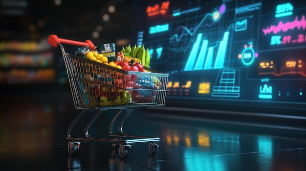 Photo shopping cart with data visualization background