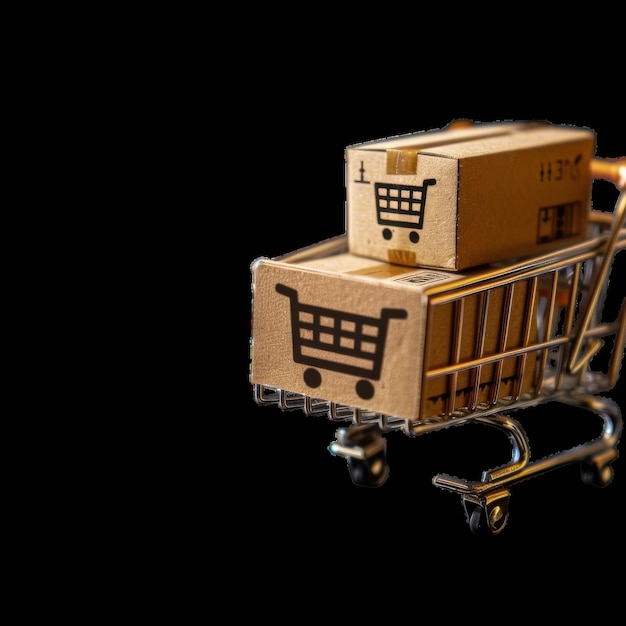 Shopping cart with delivery packages on a black background