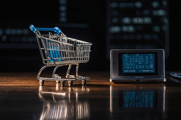 Photo a shopping cart with a display of a computer screen and a tablet