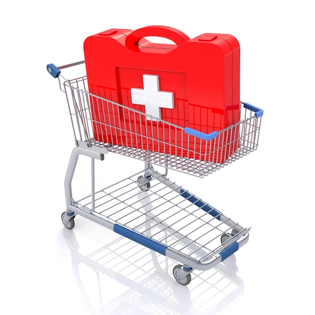 Shopping Cart with First Aid Kit. Isolated on White.