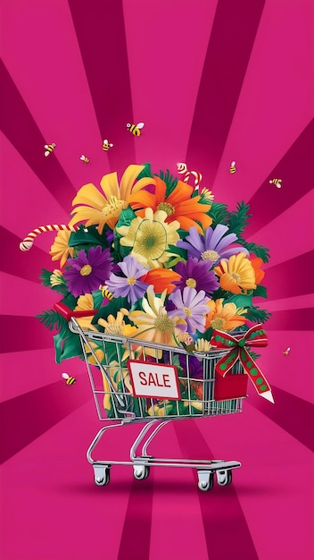 Shopping cart with flowers over fuchsia background Holidays shopping and sale concept