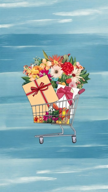 Shopping cart with flowers and gift box over pastel blue background