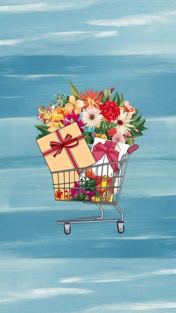 Photo shopping cart with flowers and gift box over pastel blue background