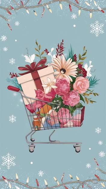 Shopping cart with flowers and gift box over pastel blue background