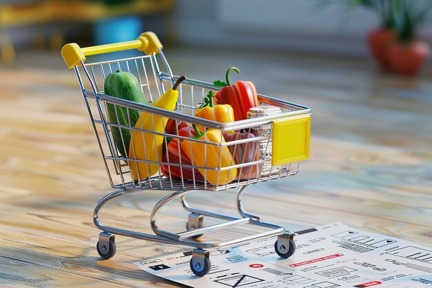 A Shopping cart with foods on receipt