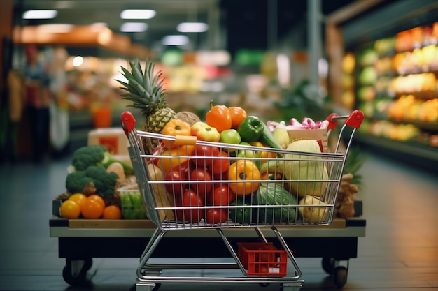 Shopping cart with fruits and vegetables at the market