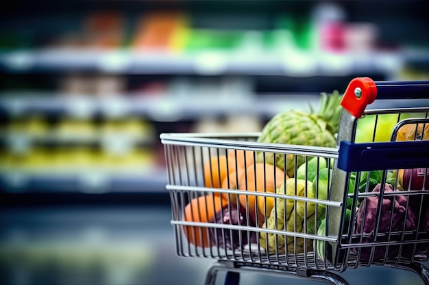 Shopping cart with fruits and vegetables in supermarket Shallow depth of field Groceries in a shopping cart inside a blurry supermarket AI Generated