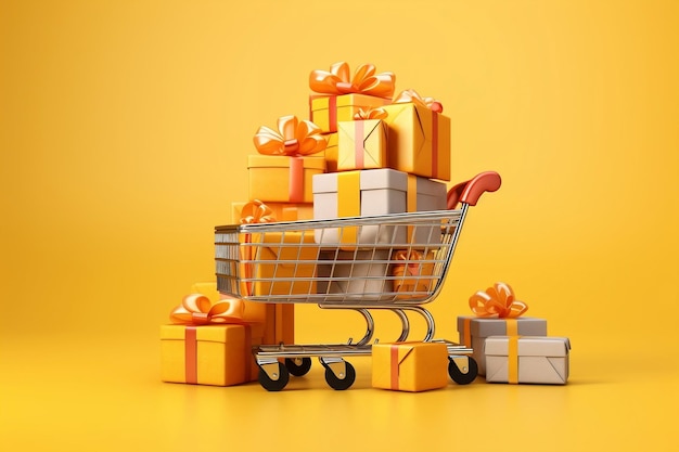 Shopping Cart with Gift Boxes on Yellow Background Generative AI