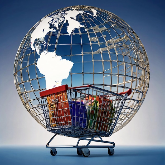 a shopping cart with a globe with a map of the world on it