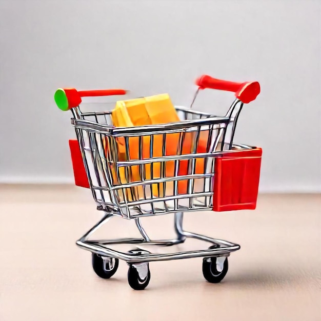 a shopping cart with a green button on the front and the red handle on the front