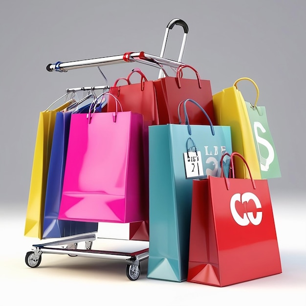 a shopping cart with a large red bag with the c on it