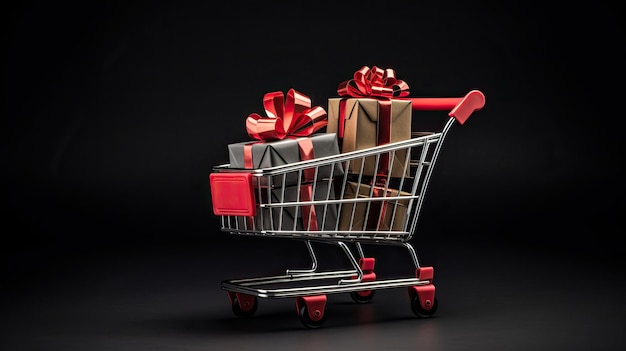 Shopping cart with many gift boxes gift box with red ribbon on dark black background Black Friday