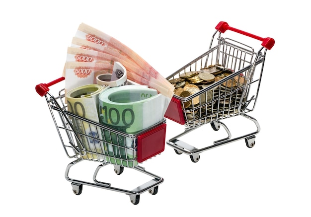 Shopping Cart with money isolated on white background