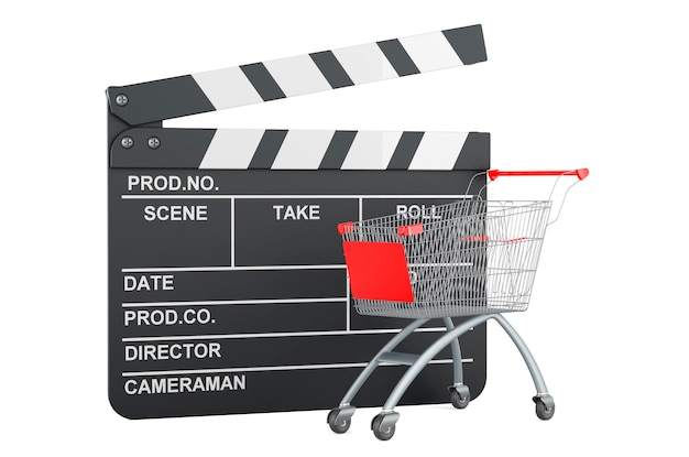 Shopping cart with movie clapper 3D rendering