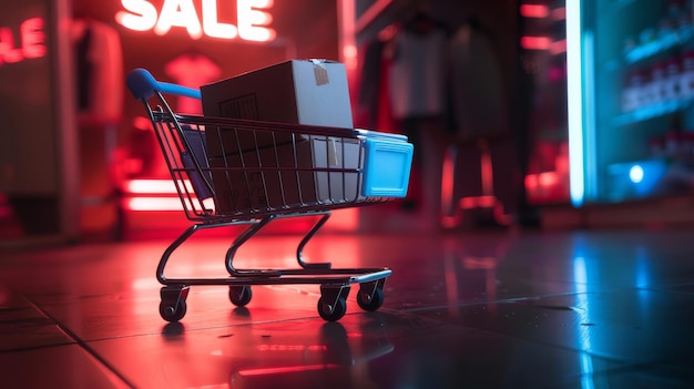 Shopping cart with neon filled with card board box