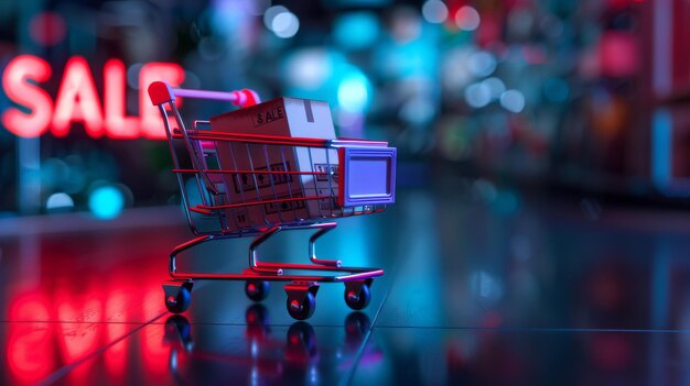 Shopping cart with neon filled with card board box