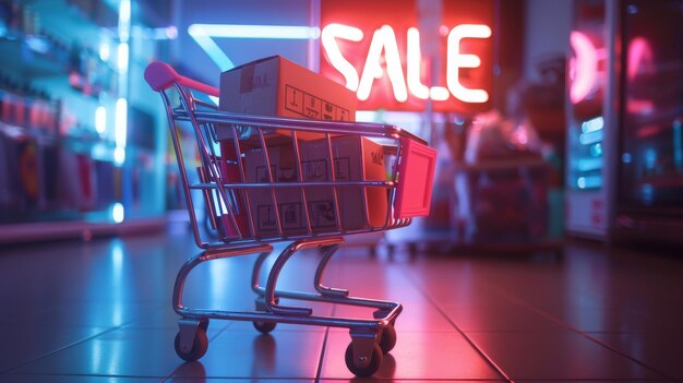 Shopping cart with neon filled with card board box