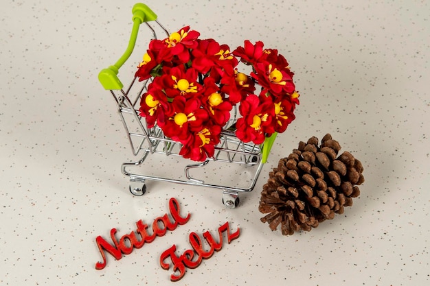 Shopping cart with red artificial flowers