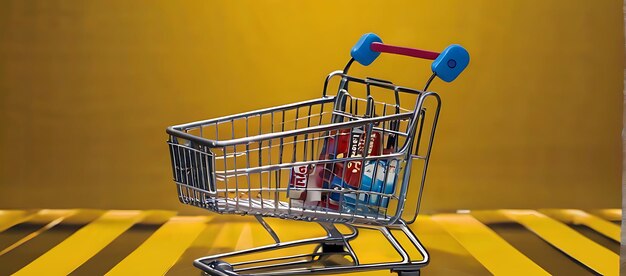 a shopping cart with a red handle and blue cap on it