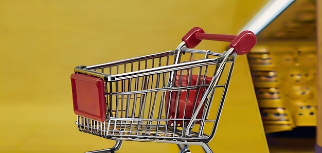 a shopping cart with a red handle is shown on a yellow background