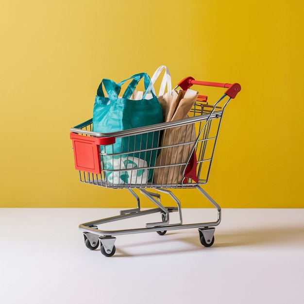 Shopping cart with reusable grocery bags inside on