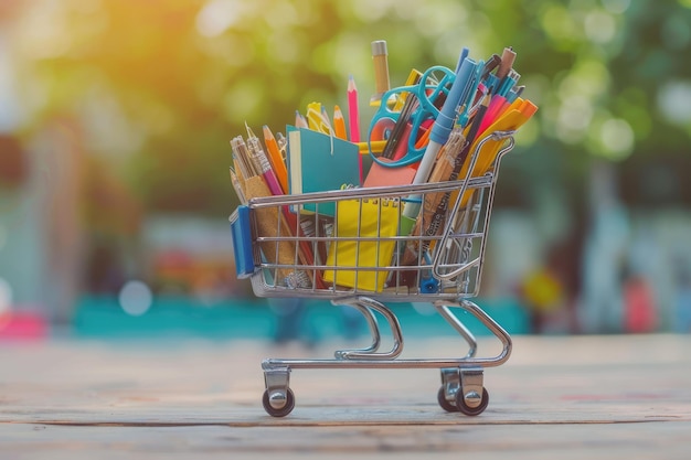 Shopping cart with school supply Back to school concept