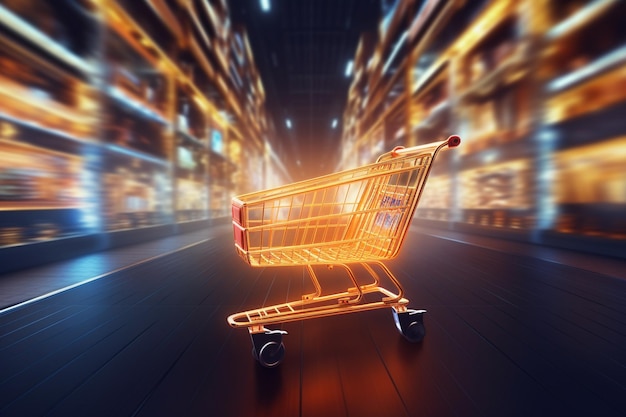 Shopping cart with a shopping bag moving at the speed of light