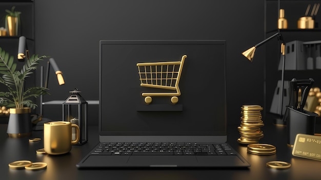 a shopping cart with a shopping cart and a laptop on the table