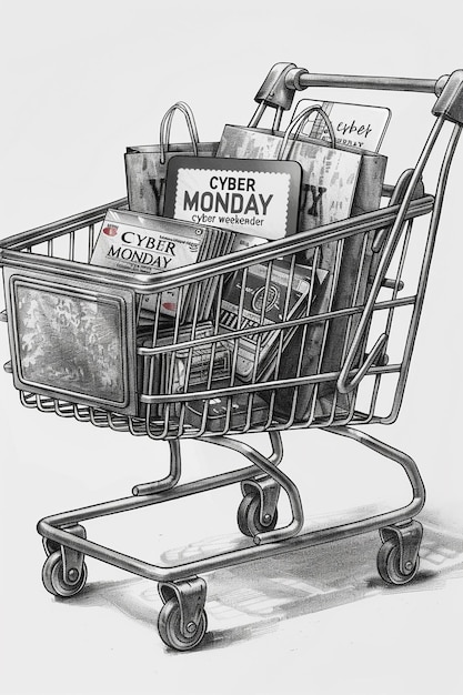 a shopping cart with a sign that says cyber monday on it