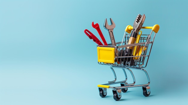 shopping cart with tools and copy space on yellow background top view with copy space