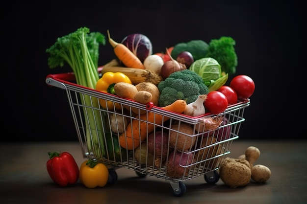 A shopping cart with vegetables and fruits on it