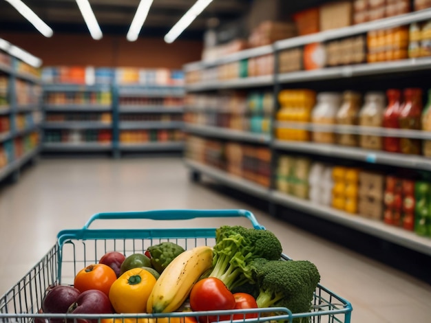 a shopping cart with vegetables in a grocery store