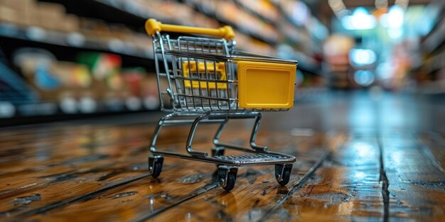 Shopping Cart on Wooden Floor in a Store Aisle