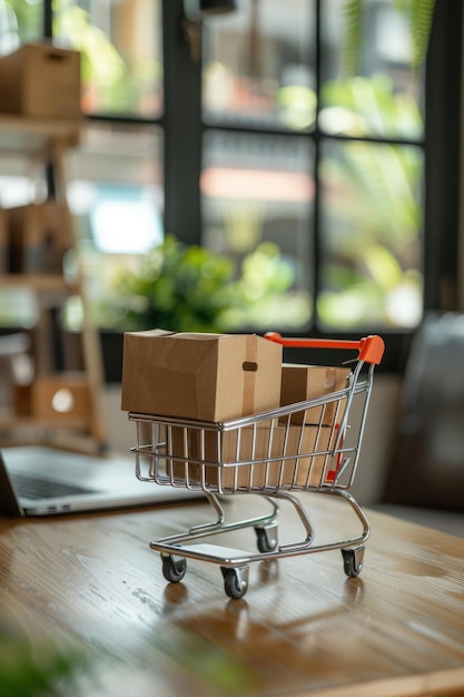 Photo shopping cart on wooden table