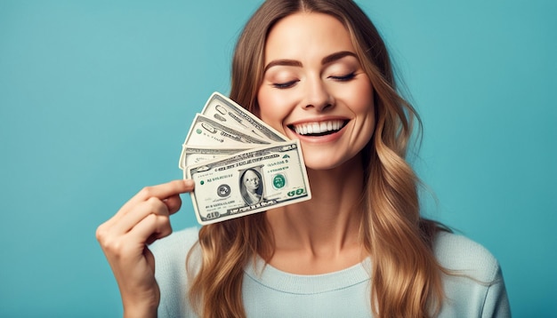 Shopping Happy smiling woman looking satisfied with eyes closed showing money dollar bills and