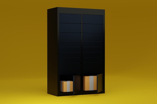 Shopping locker Delivery boxes on a yellow background 3d render