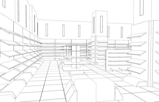 shopping mall, contour visualization, 3D illustration, sketch, outline