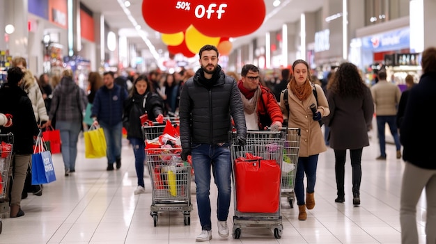 Shopping Mall Customers With Shopping Carts And Bags