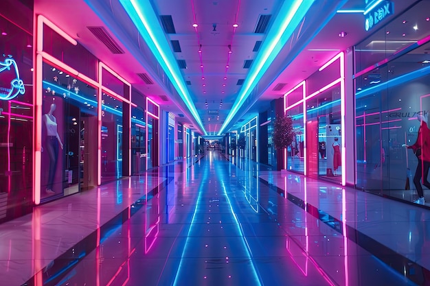 Shopping Mall with Neon Lights and Bakeh Effect Low Angle Shot