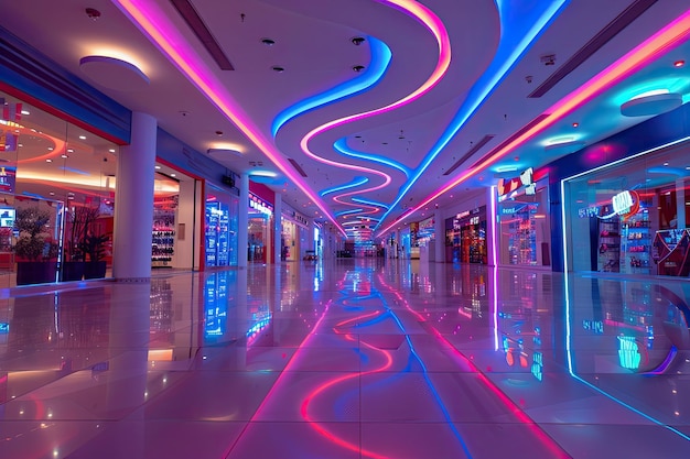 Shopping Mall with Neon Lights and Bakeh Effect Low Angle Shot