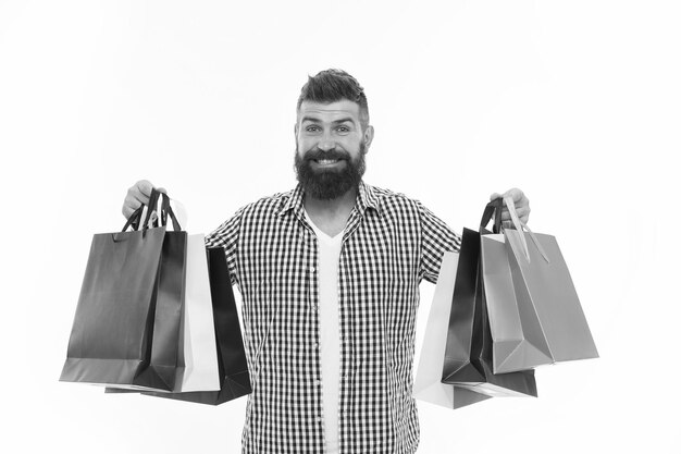 Shopping sale Male barber care Bearded man with shopping bags Black Friday Cyber Monday Mature happy hipster with beard brutal caucasian hipster with moustache Thanks for your purchase