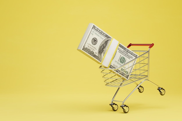 Shopping in the store for cash a wad of dollars in a shopping cart on a yellow background 3D render