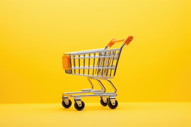 Shopping trolley close up on yellow background with space for text