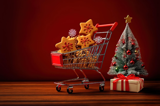 Shopping trolley with gift boxes and gingerbread cookies