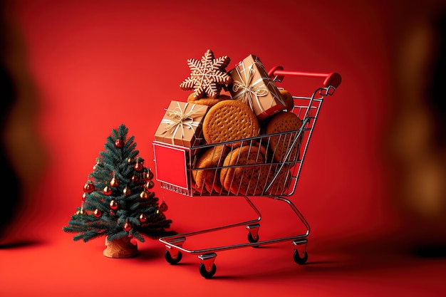 Shopping trolley with gift boxes and gingerbread cookies