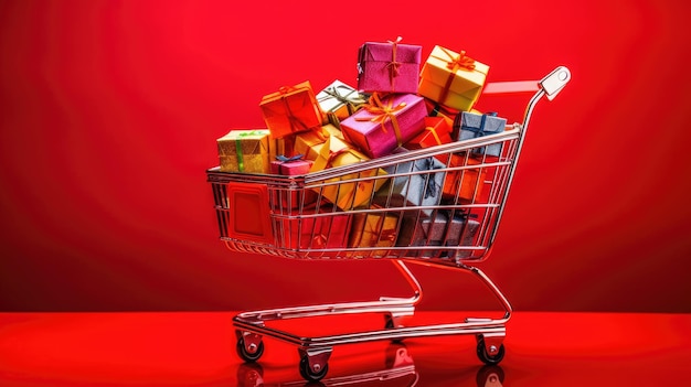 A shopping trolley with gift boxes inside