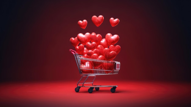 A shopping trolley with heartshaped balloons inside